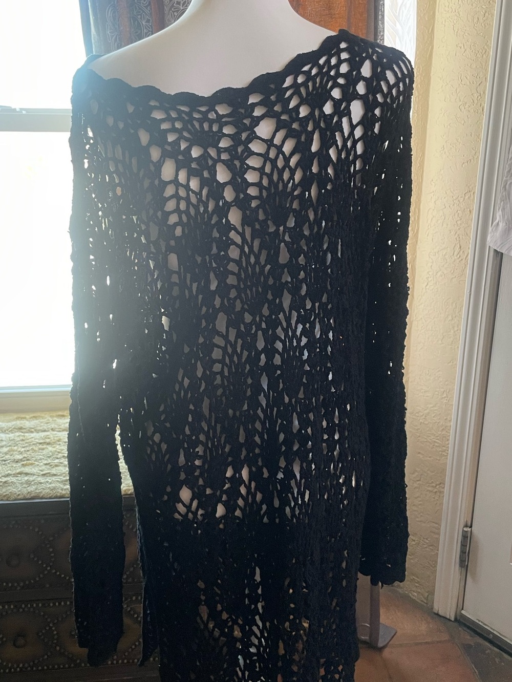 Vintage 90’s Boho Grunge Gothic Black Crochet Open-Knit Sweater Top dress Med - Picture 6 of 10